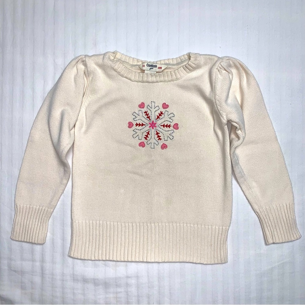 🆕 OshKosh Ivory Knit Snowflake Heart Applique Girl Pullover Puff Sleeve Sweater